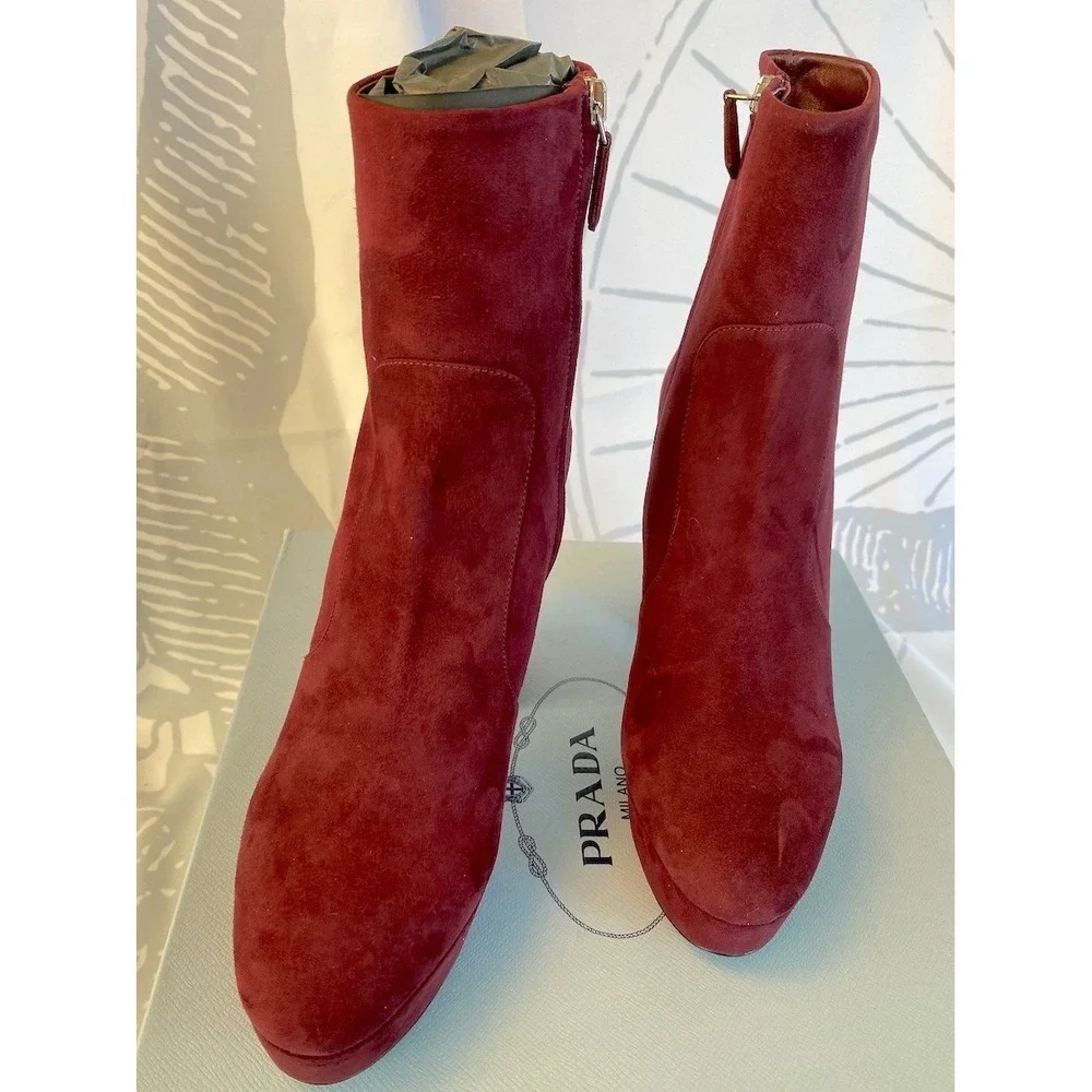 PRADA Milano 1TP221 Womens Burgundy Suede High heel‎ Ankle Boots Shoes, 35.5